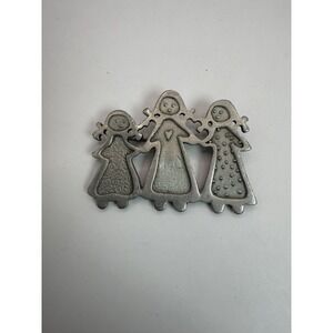 Vintage Pewter Tone Three Sisters Brooch – Little Girls Holding Hands Pin